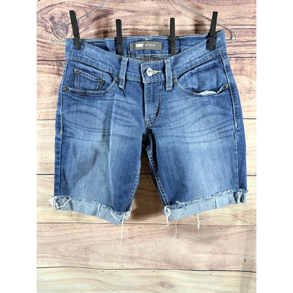 Levis 524 Skinny Medium Wash Denim Cut Off Shorts Raw Hem W25 L32 Blue